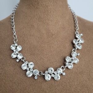 Silver Tone Clear Rhinestone Cluster Statement Necklace 18 Inch Glam